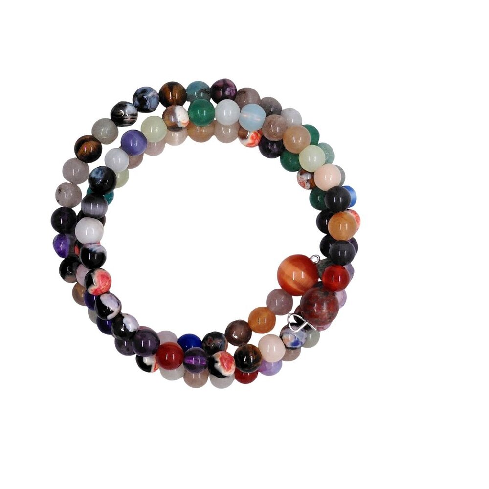 Stone bead bracelet memory wire multicolor quartz catseye agate tiger eye USA
